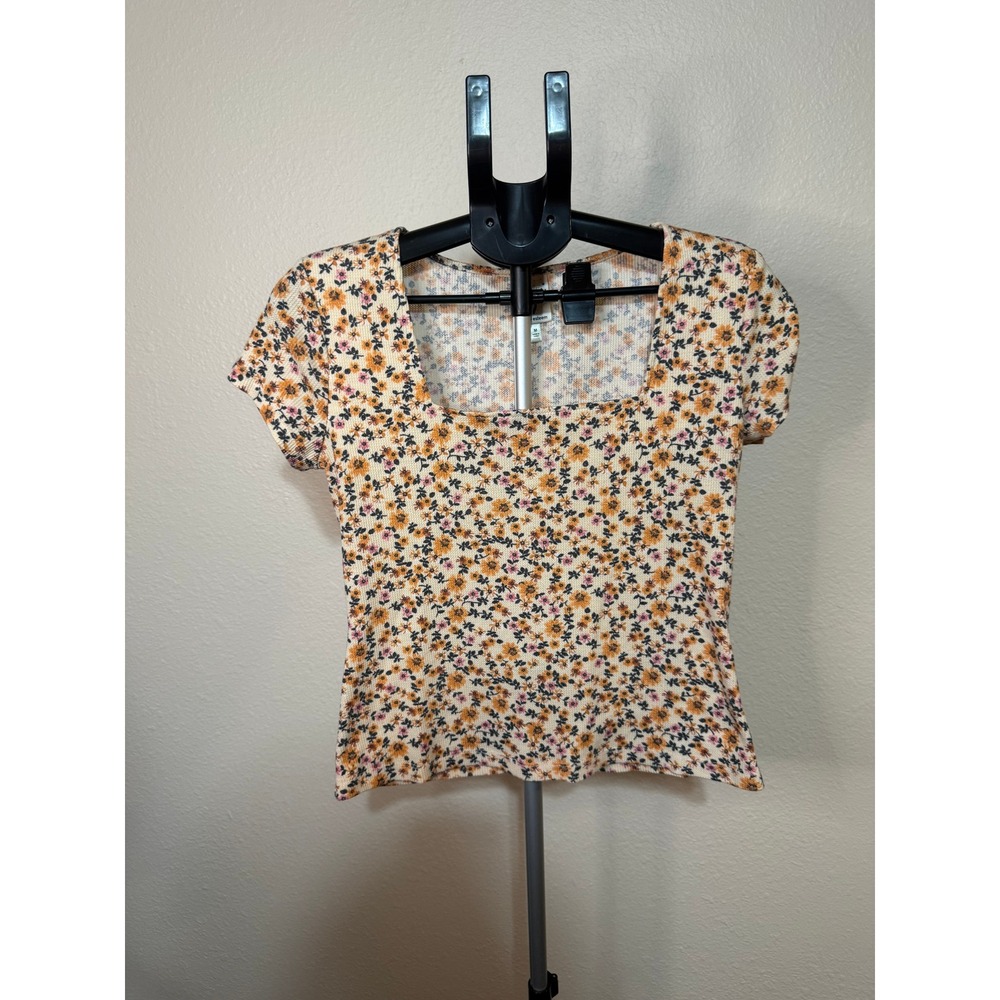 Self Esteem Floral Waffle Knit Top Square Neck Short Sleeve Orange Yellow Medium